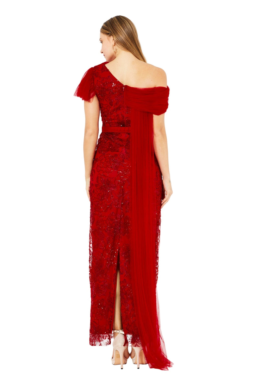 One-Shoulder Floral Sequin Gown with Ruffle Sleeve Detail