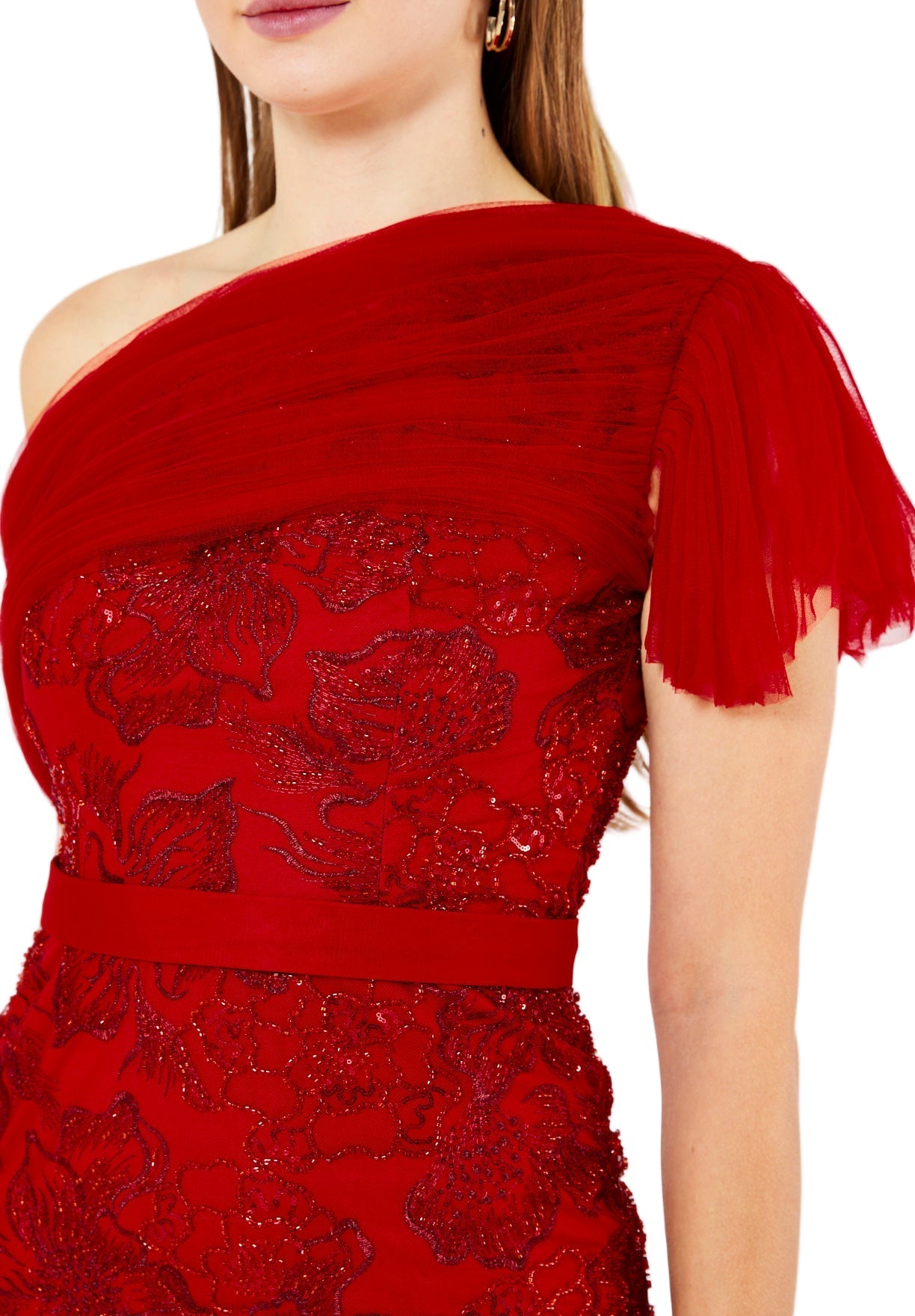 One-Shoulder Floral Sequin Gown with Ruffle Sleeve Detail