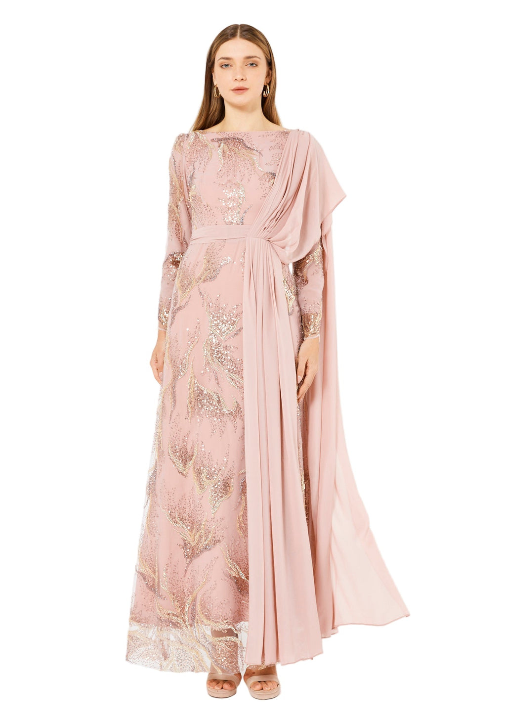 Embellished Gown with Draped Shoulder Detail