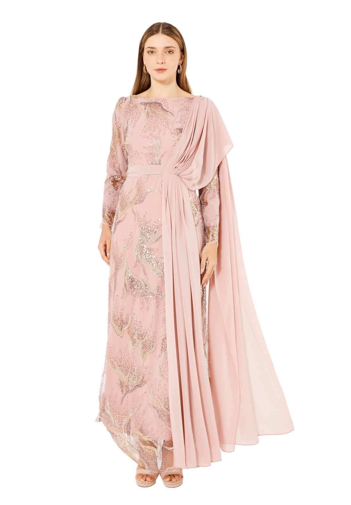 Embellished Gown with Draped Shoulder Detail