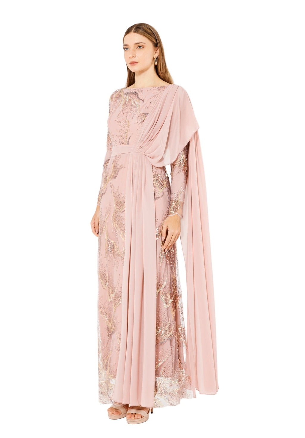 Embellished Gown with Draped Shoulder Detail