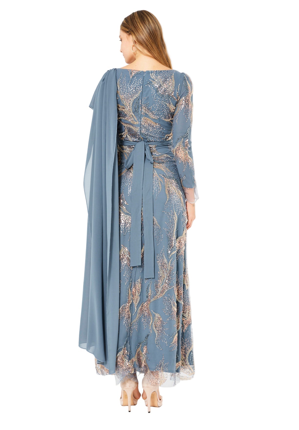 Embellished Gown with Draped Shoulder Detail