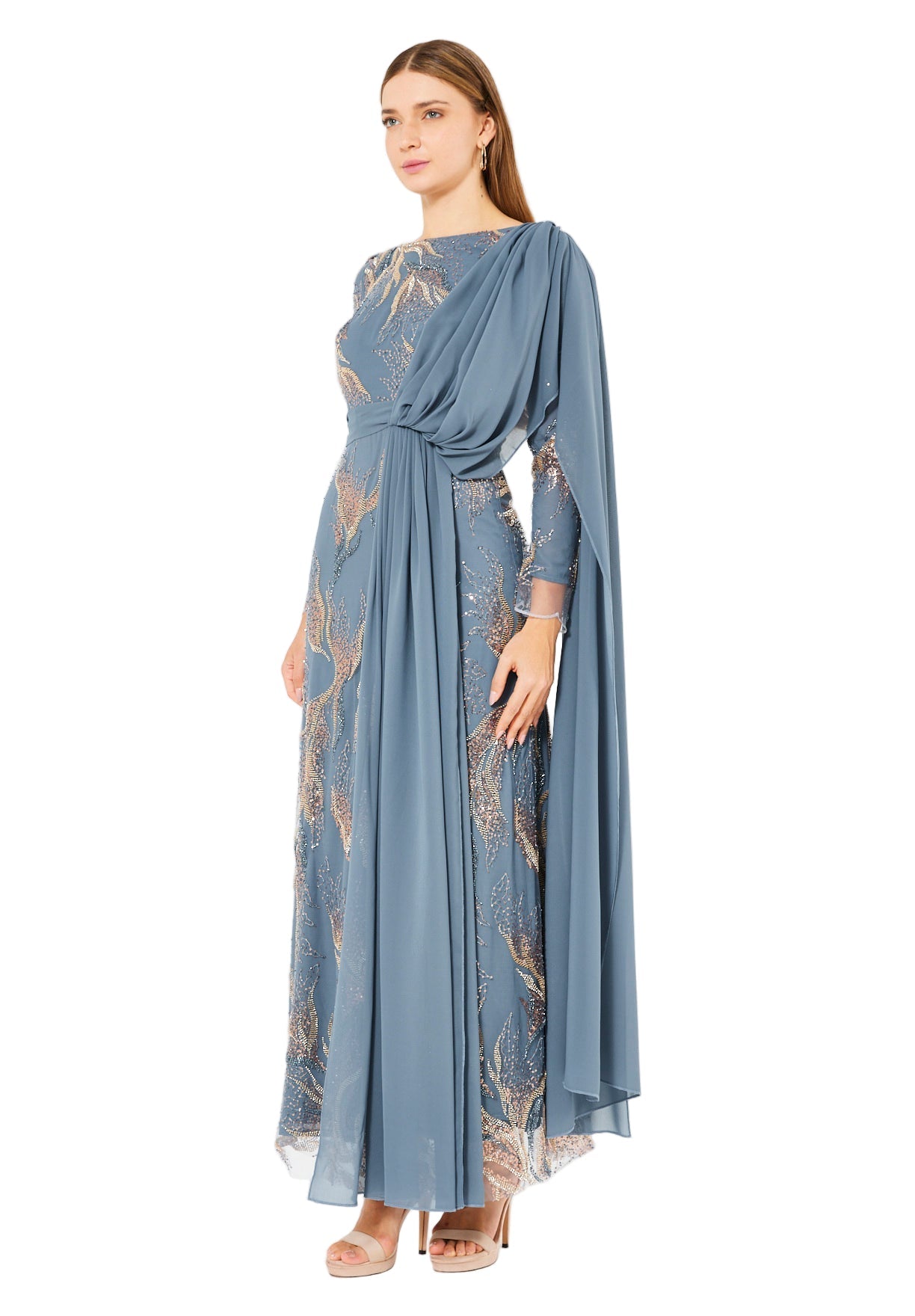 Embellished Gown with Draped Shoulder Detail