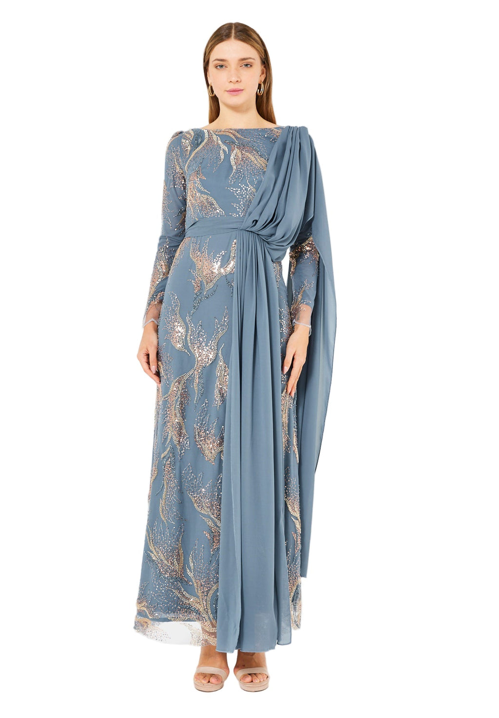 Embellished Gown with Draped Shoulder Detail