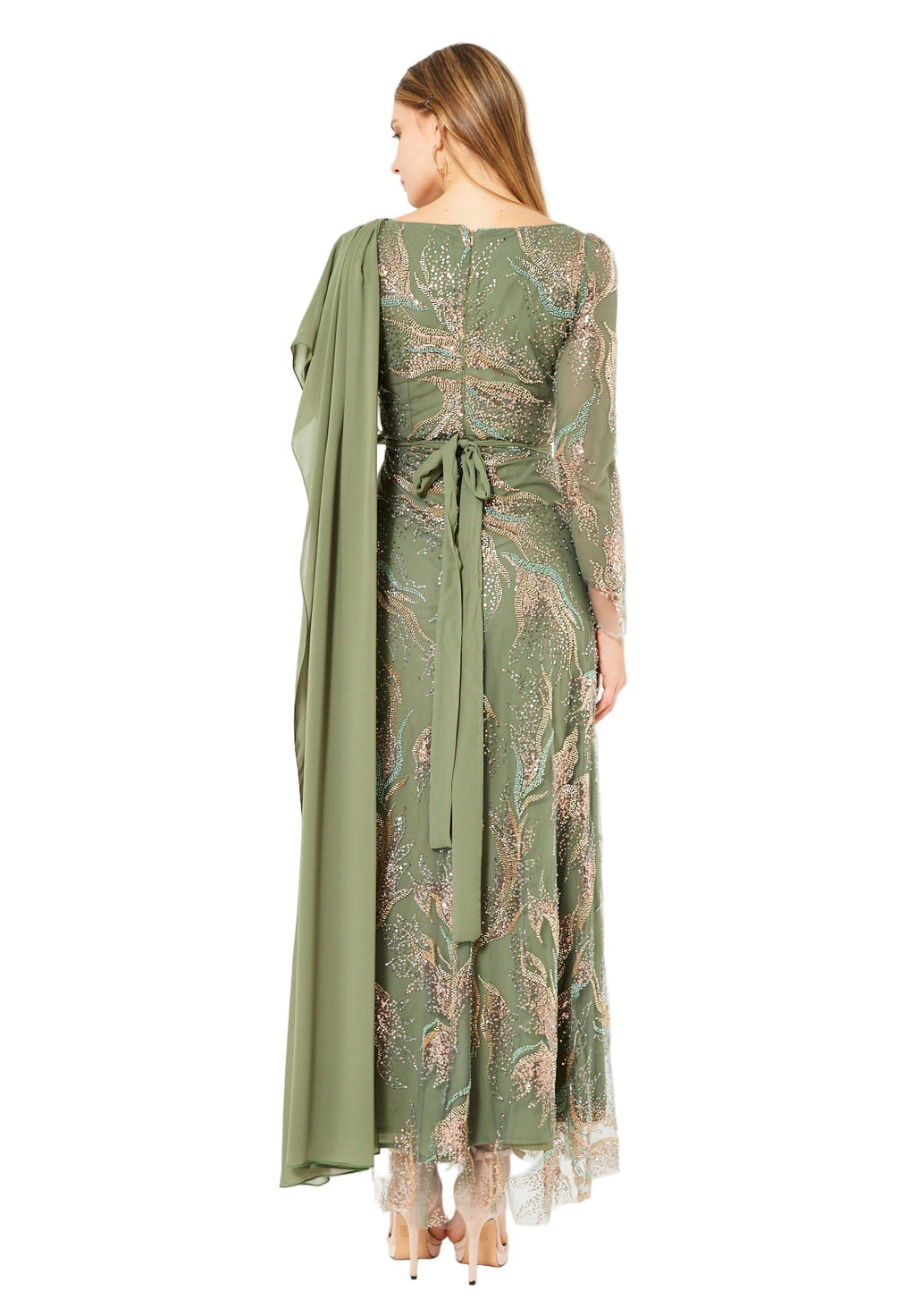 Embellished Gown with Draped Shoulder Detail