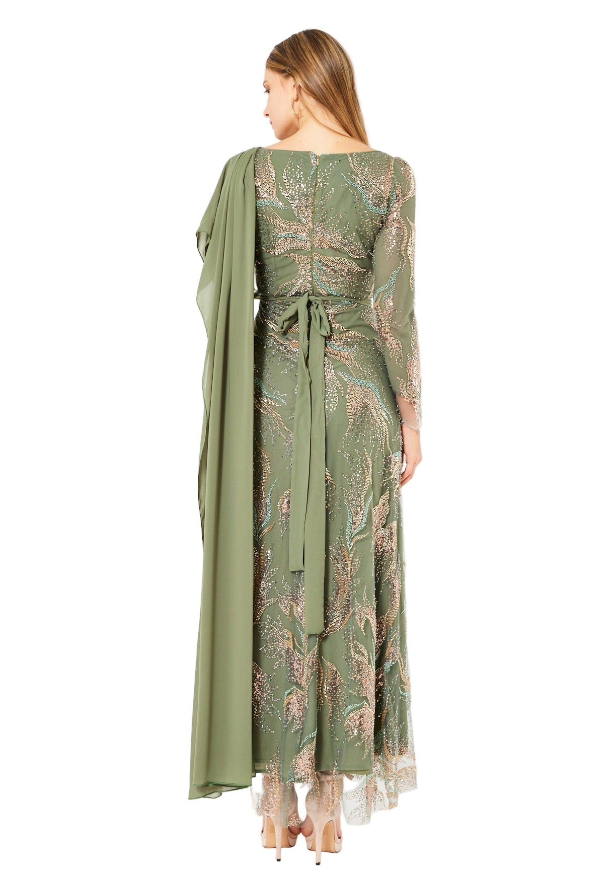 Embellished Gown with Draped Shoulder Detail