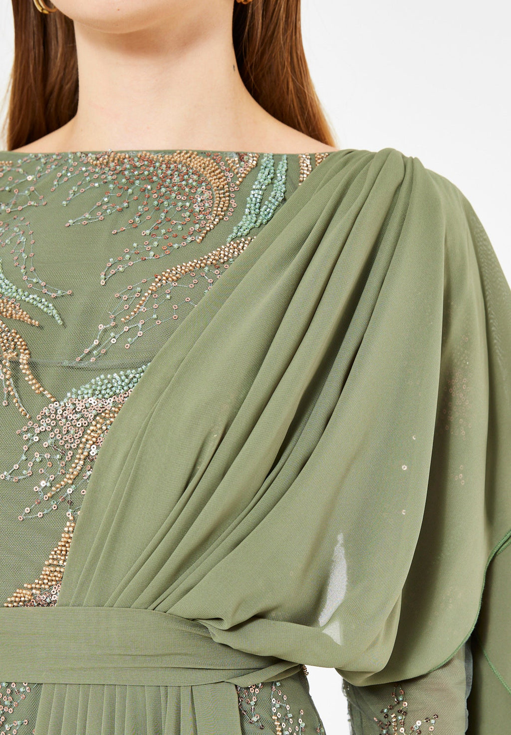 Embellished Gown with Draped Shoulder Detail