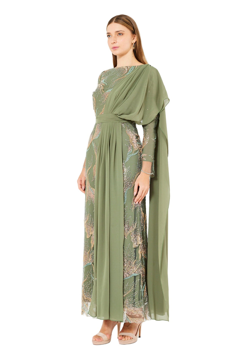 Embellished Gown with Draped Shoulder Detail