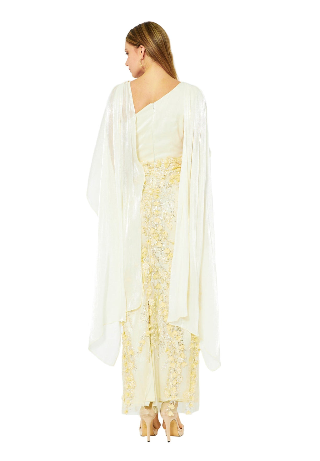 Embellished Gown with Draped Cape Overlay