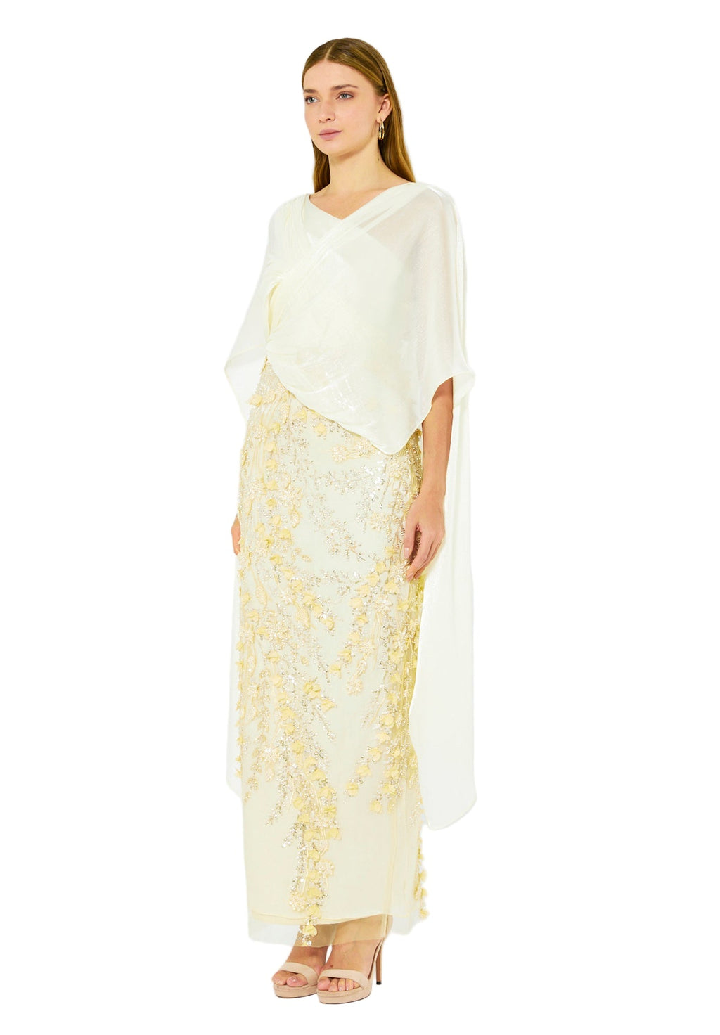 Embellished Gown with Draped Cape Overlay