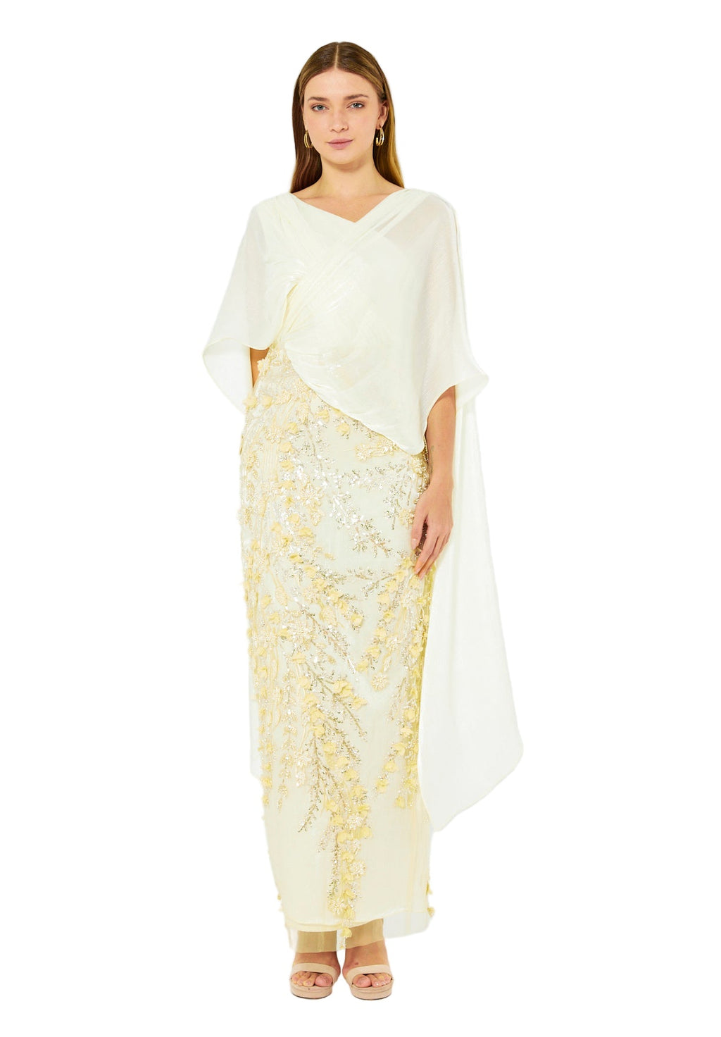 Embellished Gown with Draped Cape Overlay