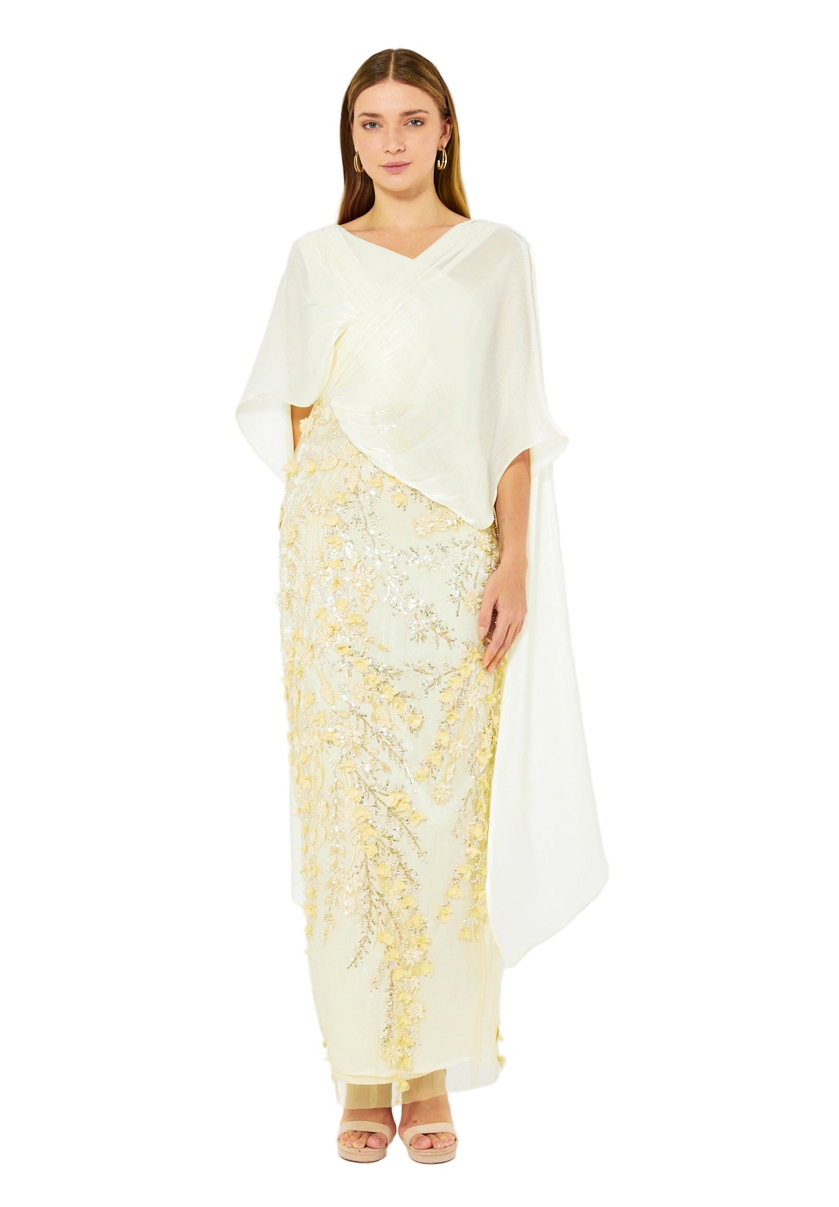 Embellished Gown with Draped Cape Overlay