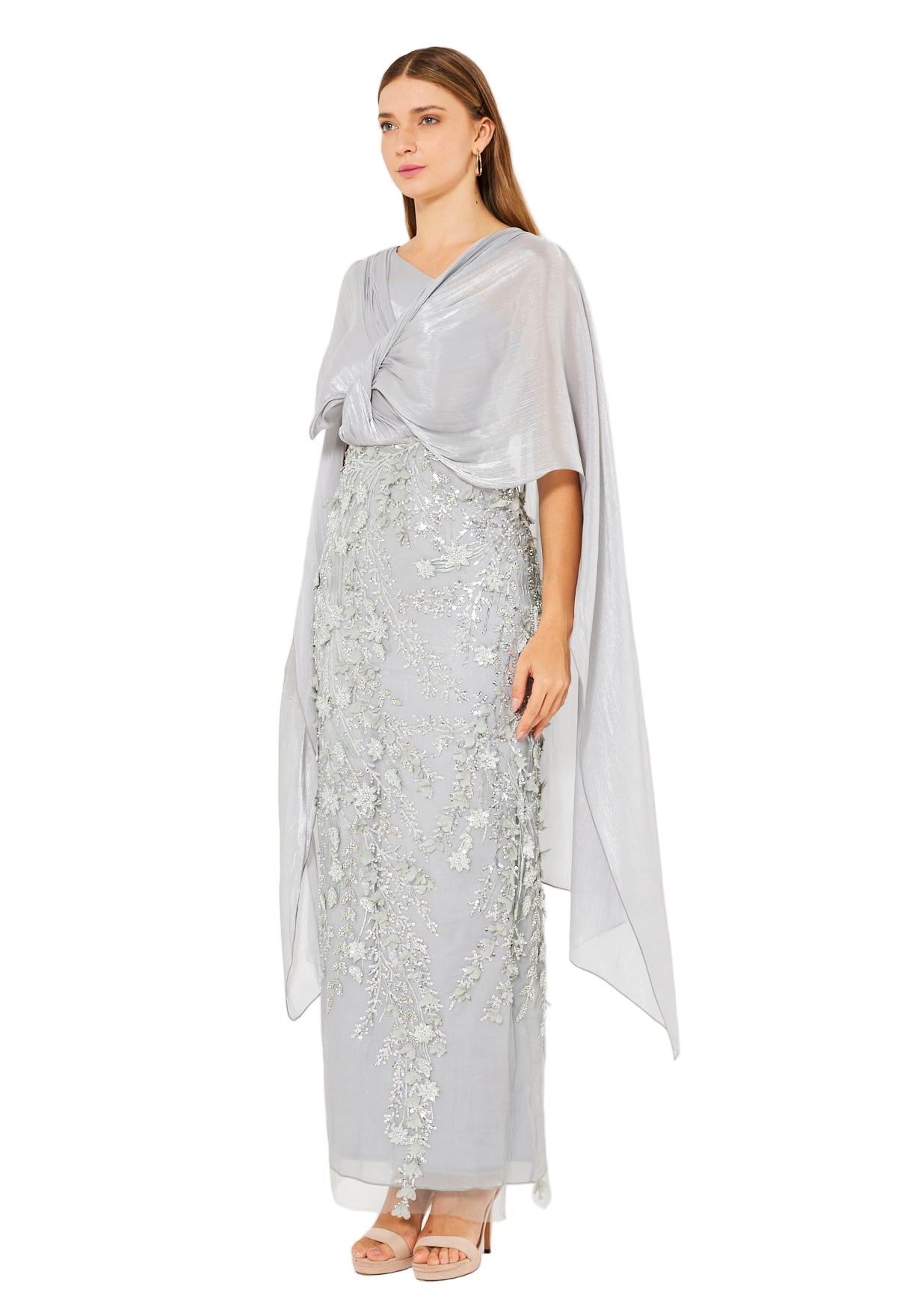 Embellished Gown with Draped Cape Overlay