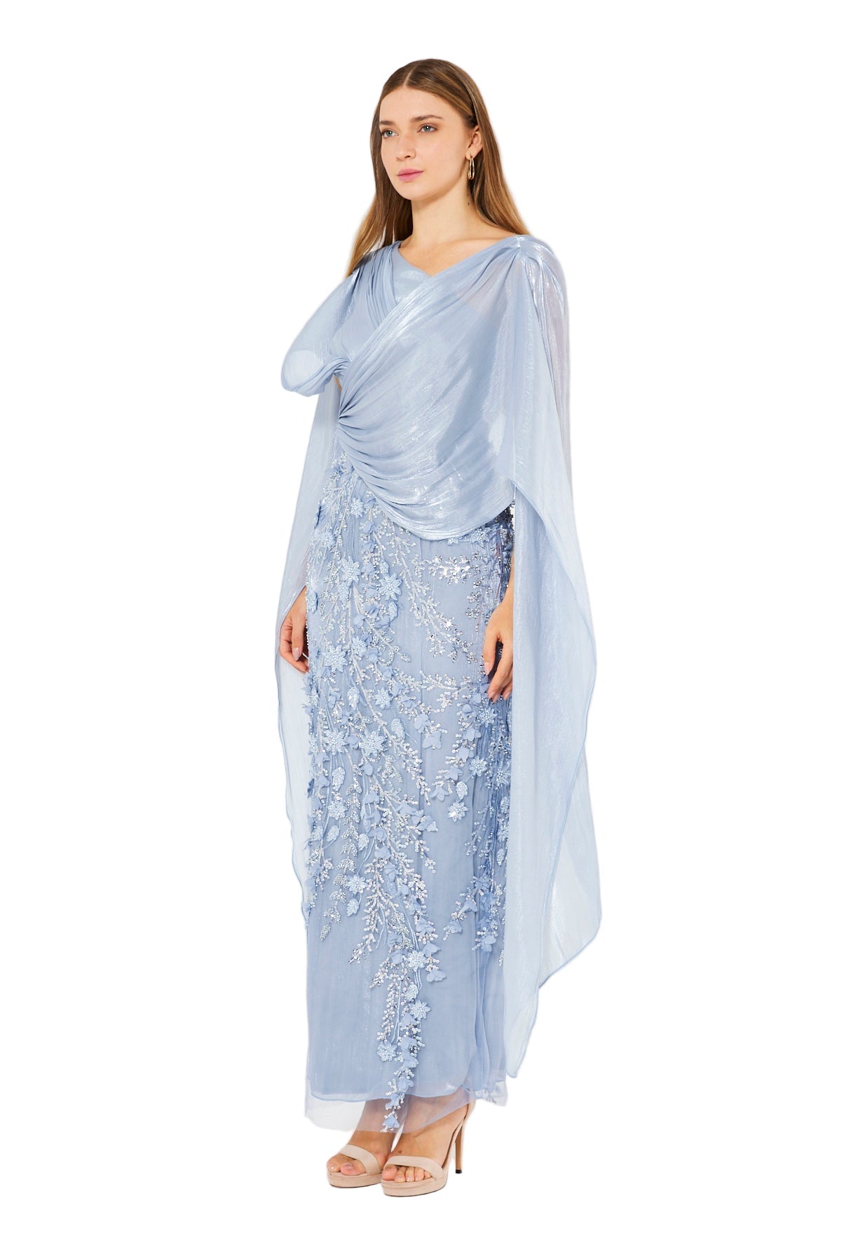 Embellished Gown with Draped Cape Overlay