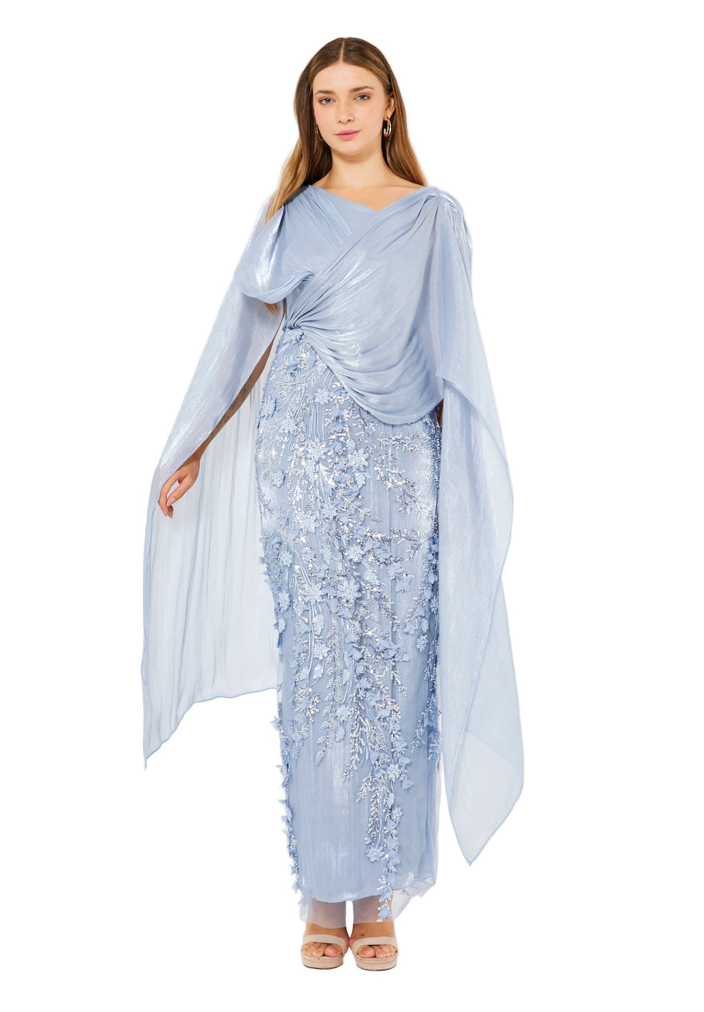 Embellished Gown with Draped Cape Overlay