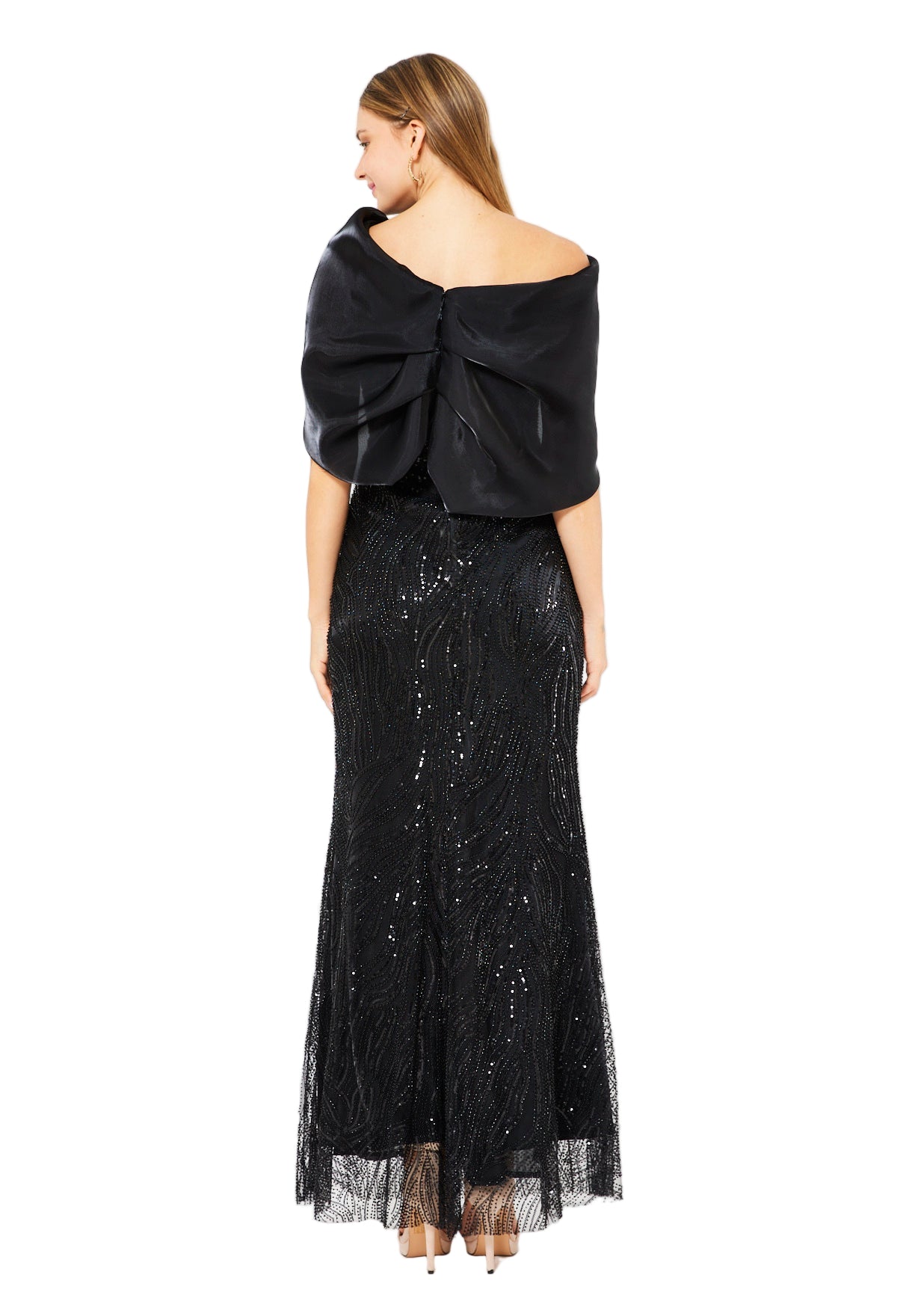 Sequin Embellished Gown with Organza Drape