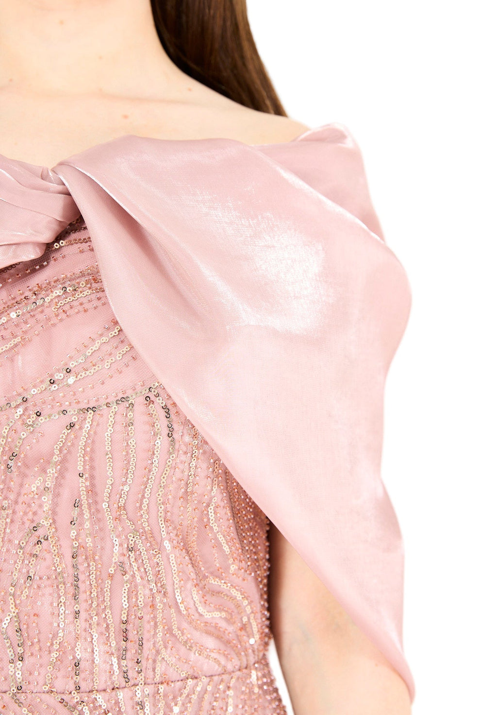 Sequin Embellished Gown with Organza Drape