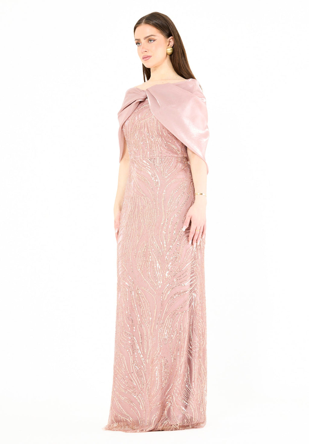 Sequin Embellished Gown with Organza Drape