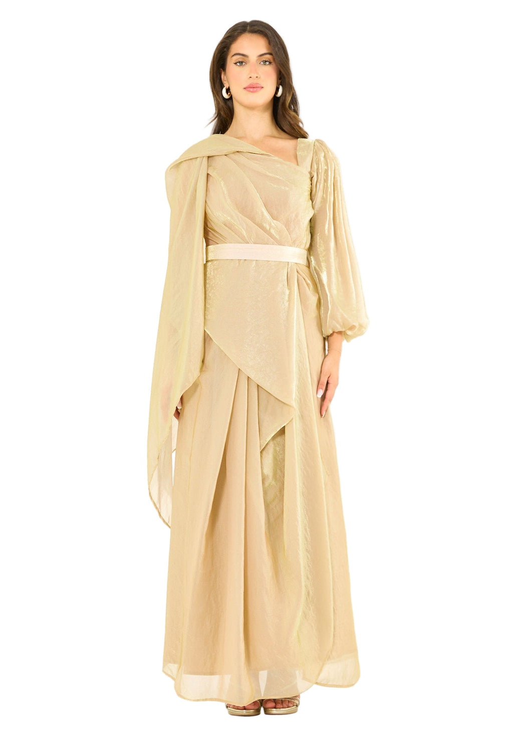 Asymmetric Draped Satin-Finish Evening Gown