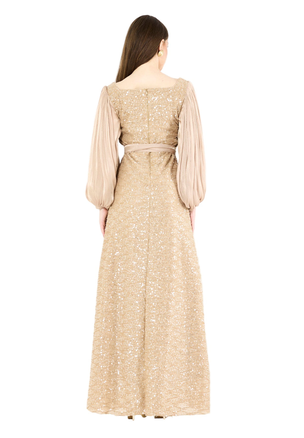 Shimmer Sequin Gown with Pleated Organza Sleeves