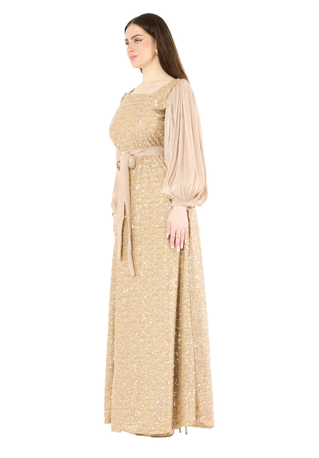 Shimmer Sequin Gown with Pleated Organza Sleeves