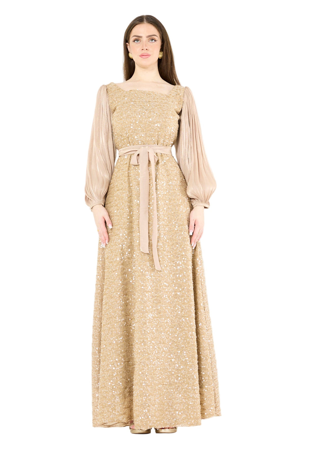 Shimmer Sequin Gown with Pleated Organza Sleeves