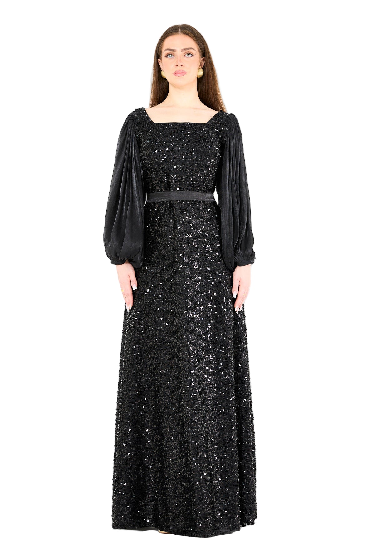 Shimmer Sequin Gown with Pleated Organza Sleeves