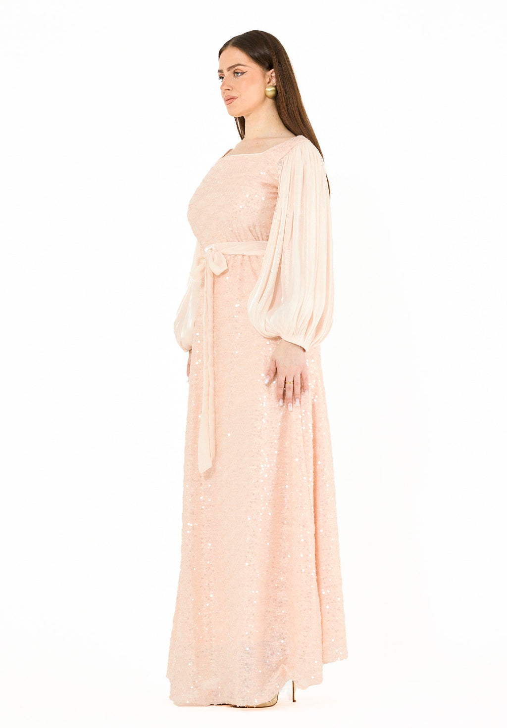 Shimmer Sequin Gown with Pleated Organza Sleeves
