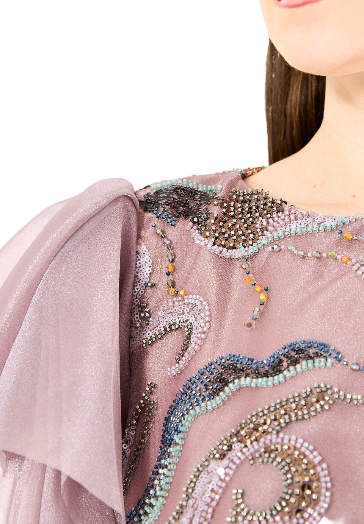 Embellished Tulle Overlay Gown with Layered Sleeves