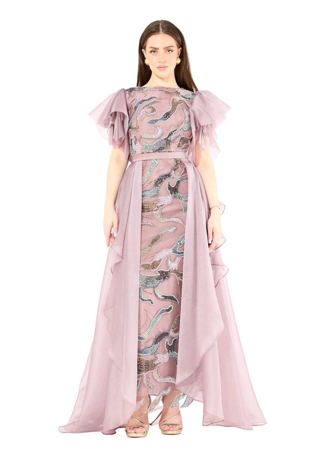 Embellished Tulle Overlay Gown with Layered Sleeves