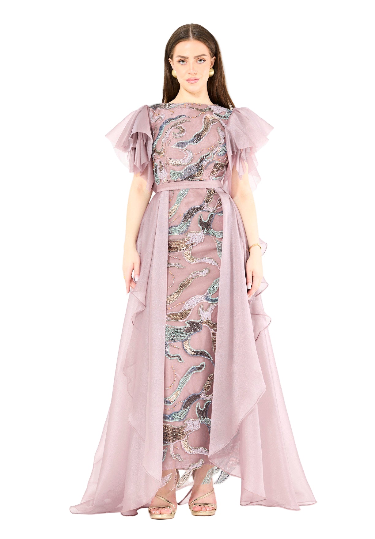 Embellished Tulle Overlay Gown with Layered Sleeves