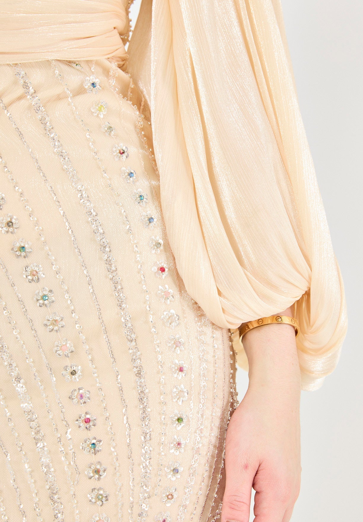 Embellished Fitted Gown with Organza Drape