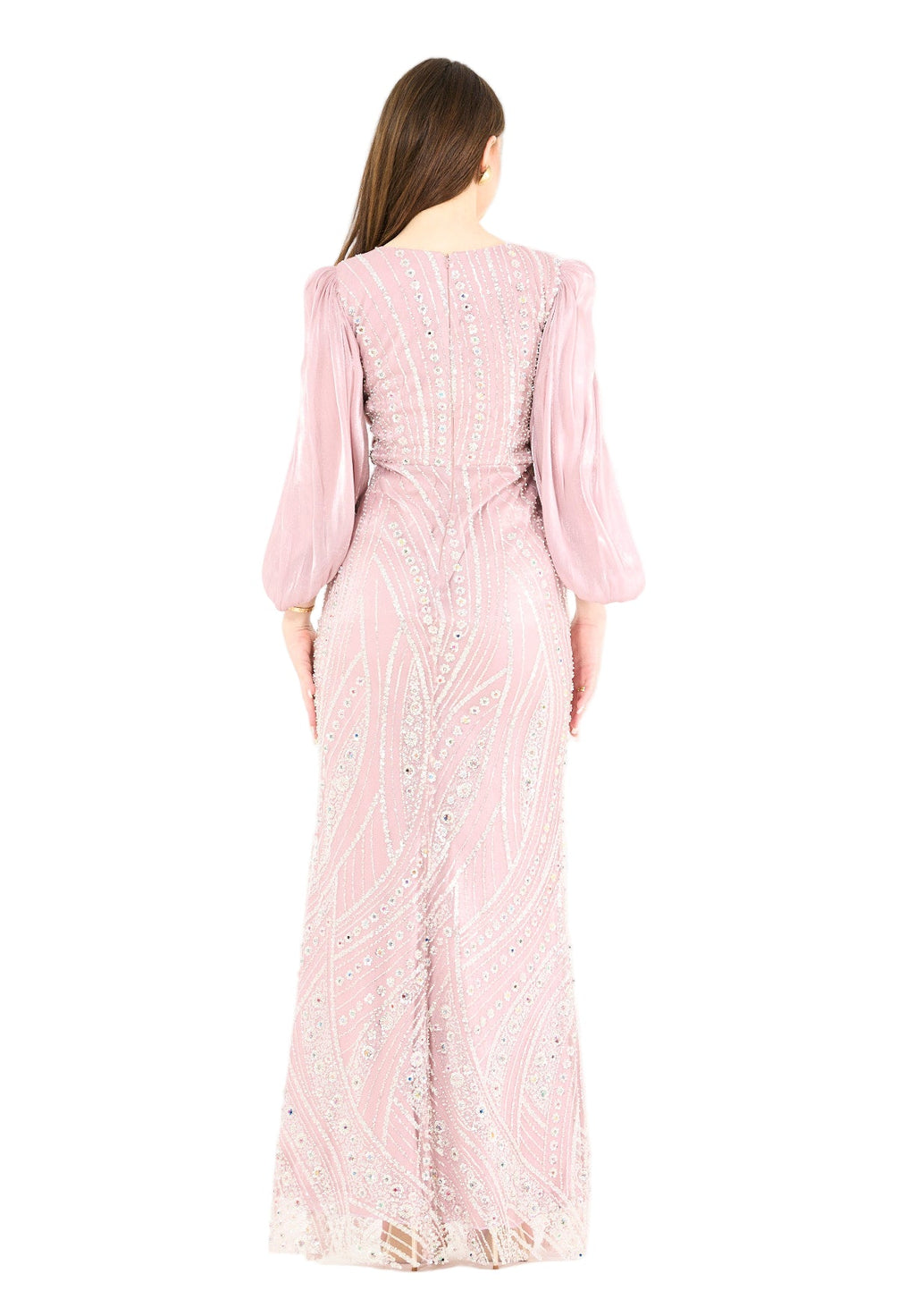 Embellished Fitted Gown with Organza Drape