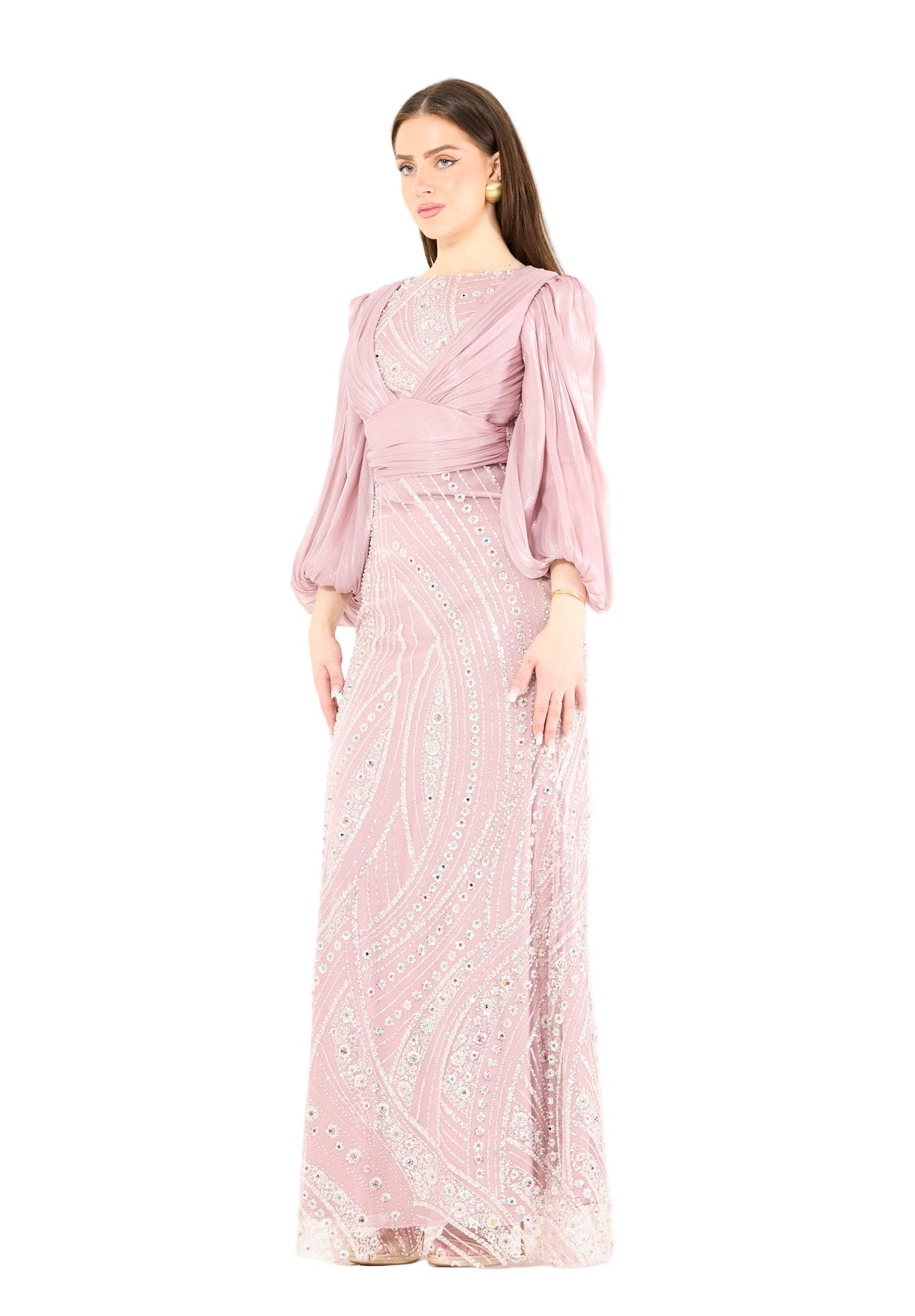 Embellished Fitted Gown with Organza Drape