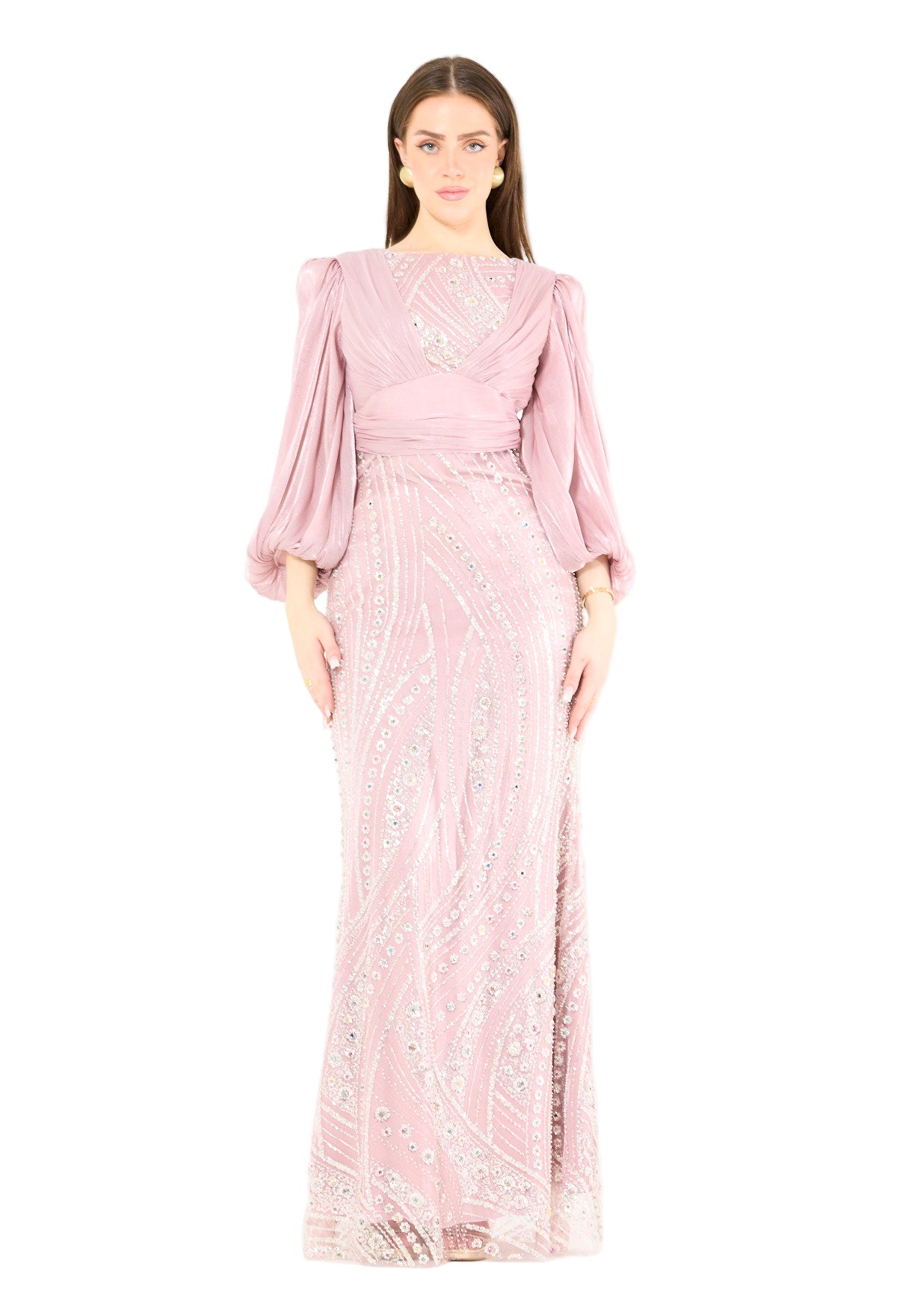 Embellished Fitted Gown with Organza Drape