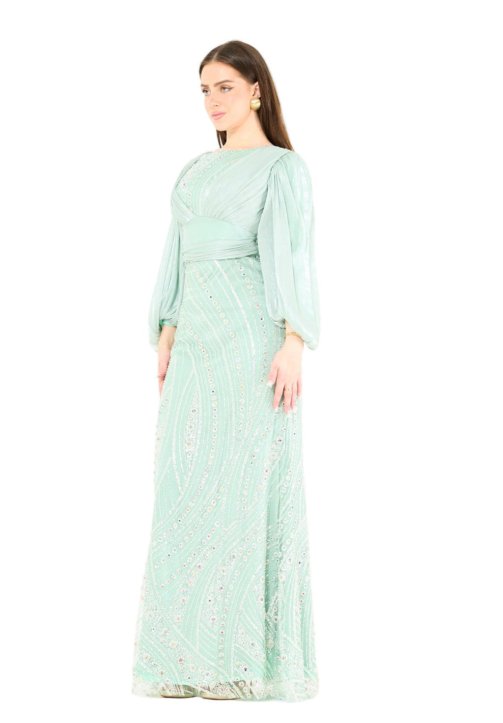 Embellished Fitted Gown with Organza Drape