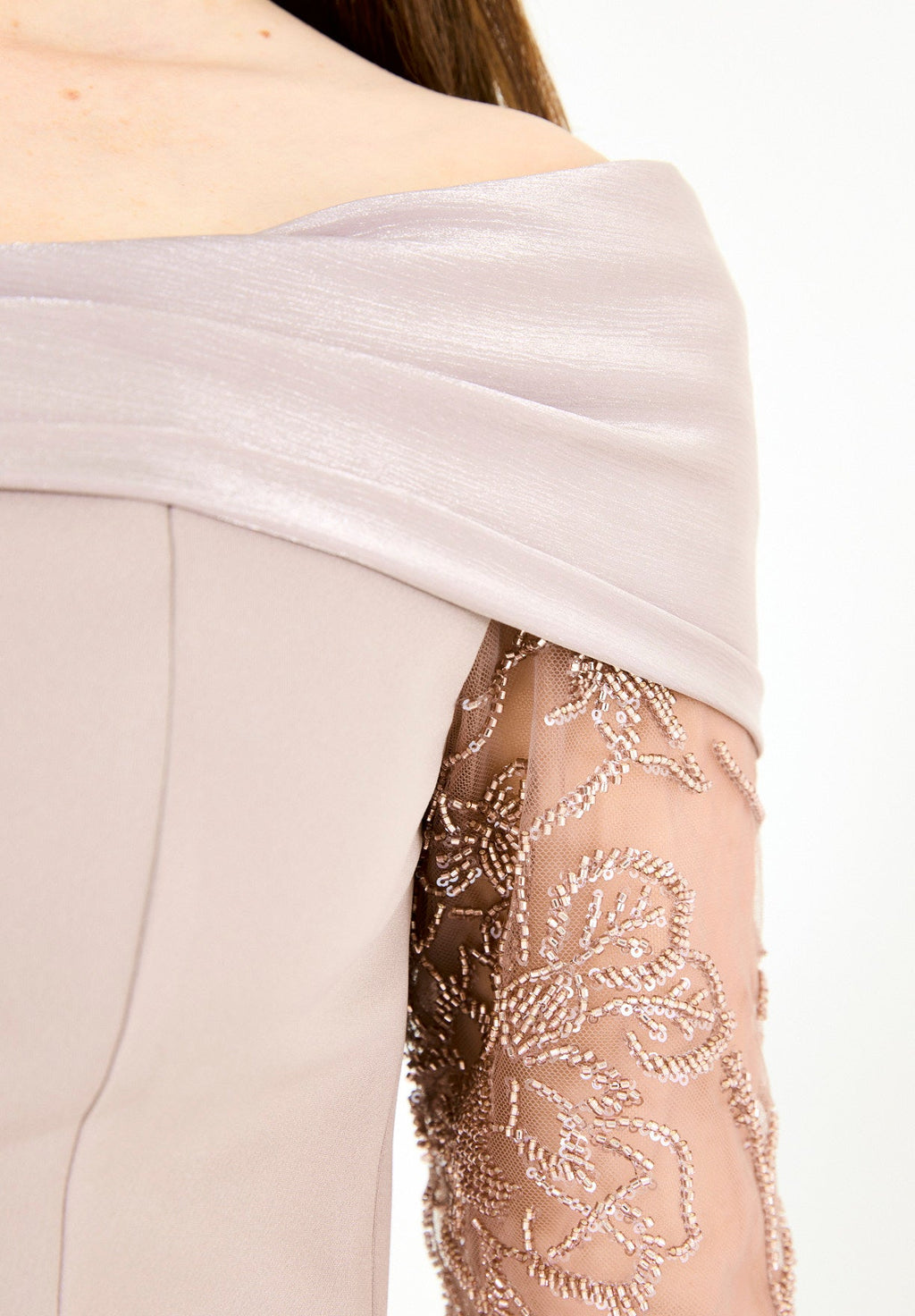 Off-Shoulder with Sheer Embellished Sleeves