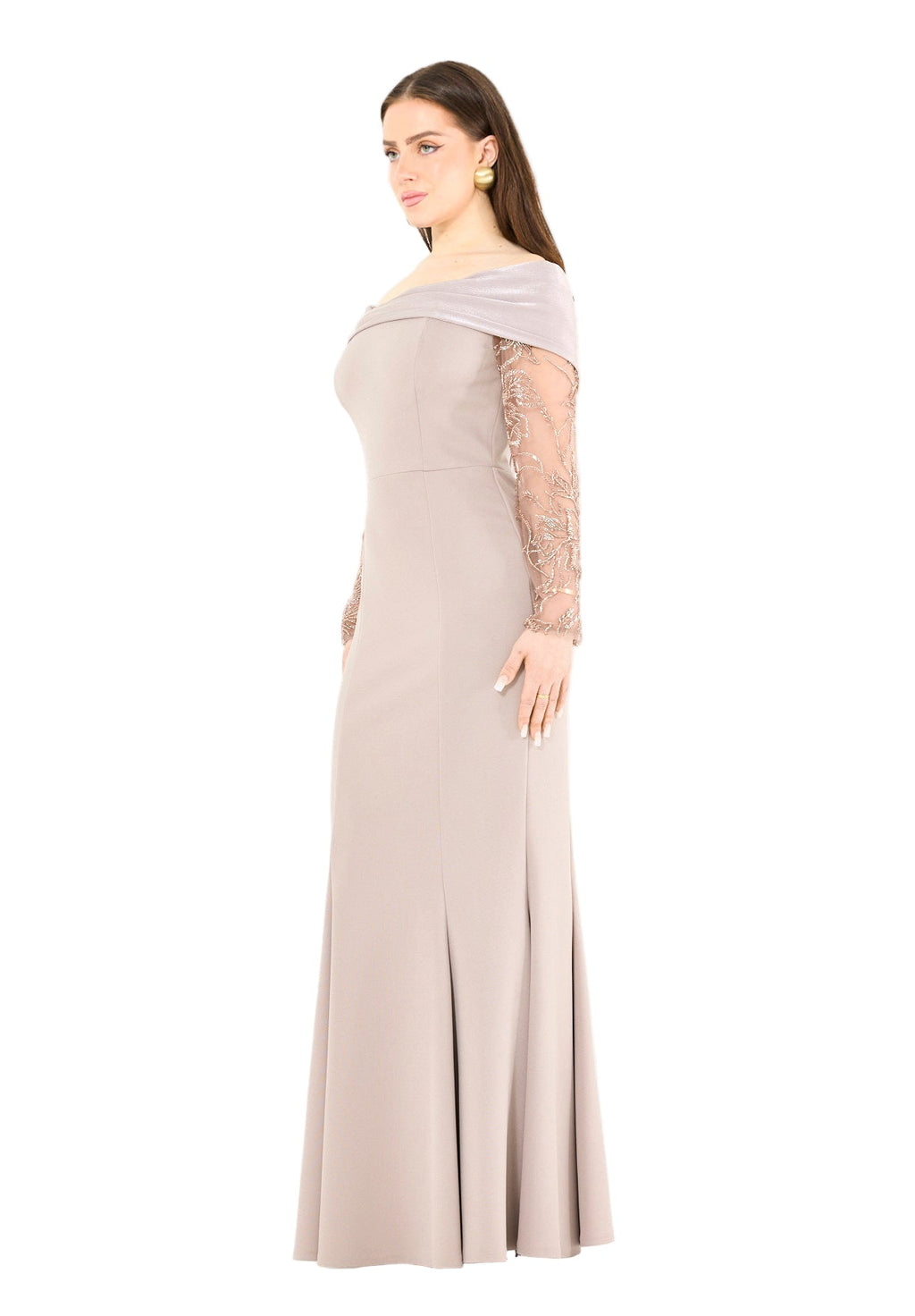 Off-Shoulder with Sheer Embellished Sleeves