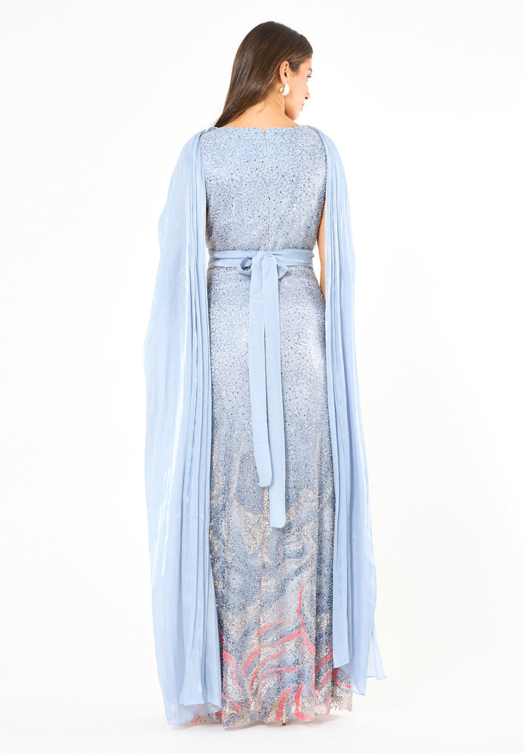 Coral Ombre Sequin Gown with Organza Cape Overlay