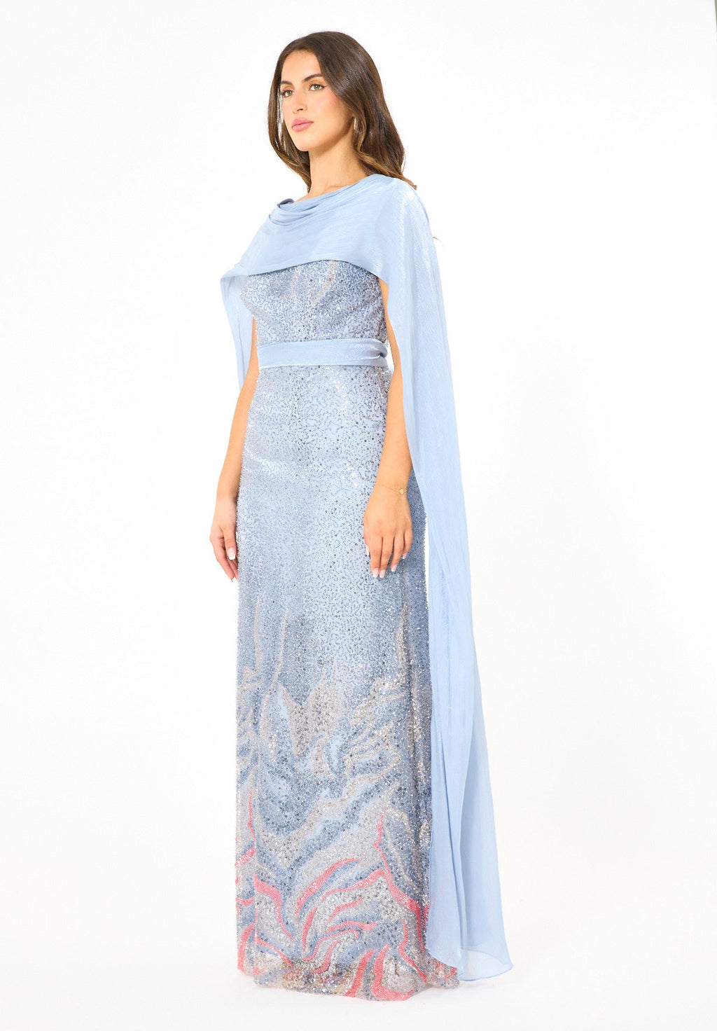 Coral Ombre Sequin Gown with Organza Cape Overlay