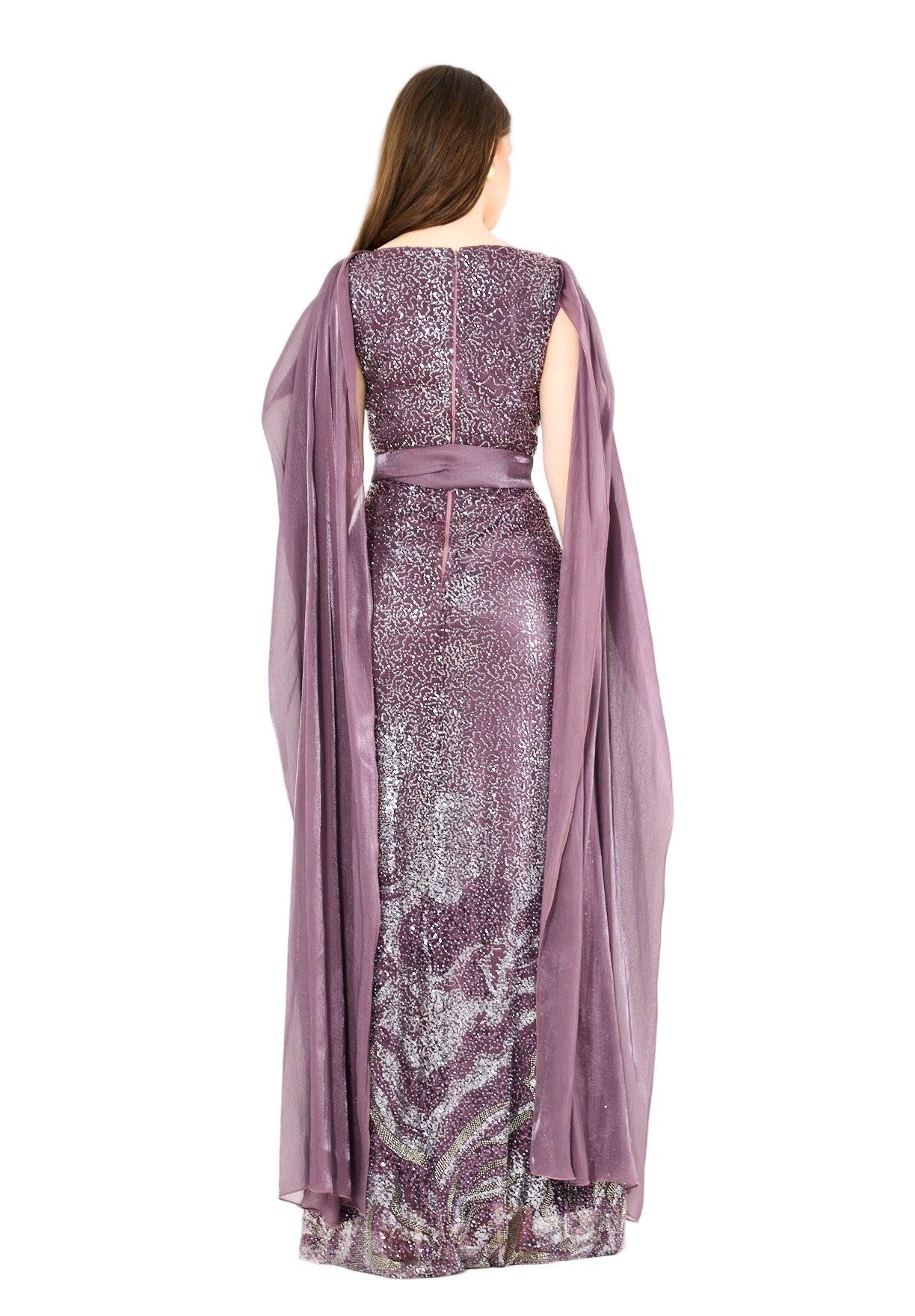 Coral Ombre Sequin Gown with Organza Cape Overlay