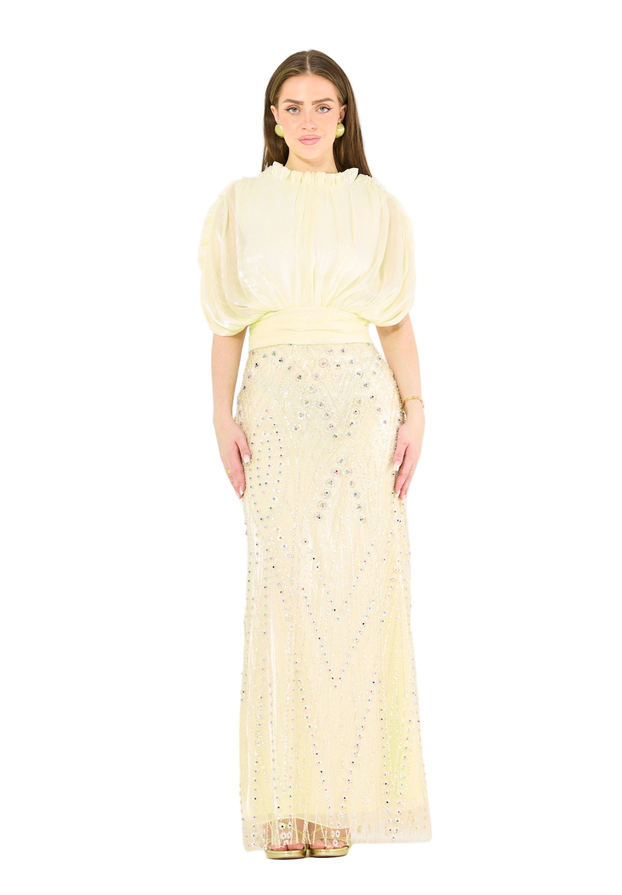 Embellished Blouson Gown with Dramatic Drape