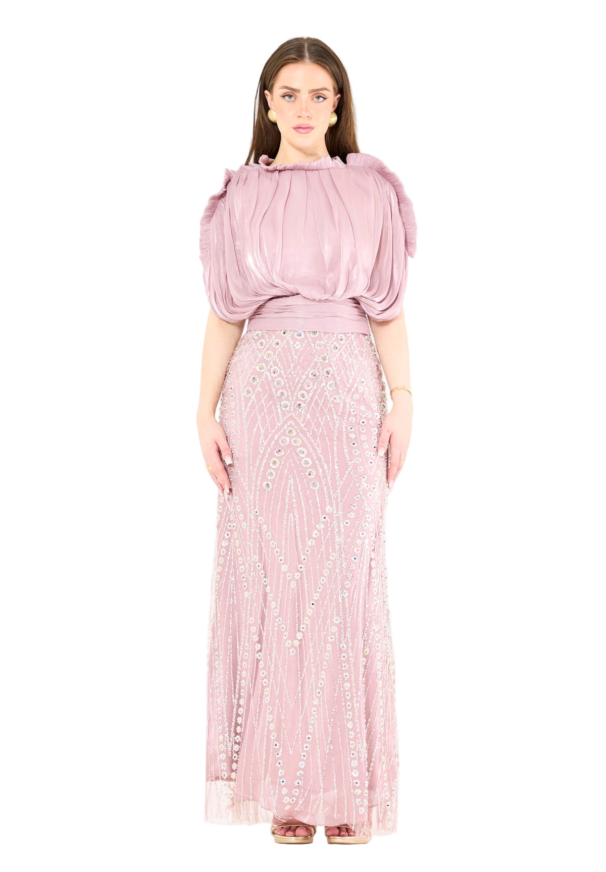 Embellished Blouson Gown with Dramatic Drape