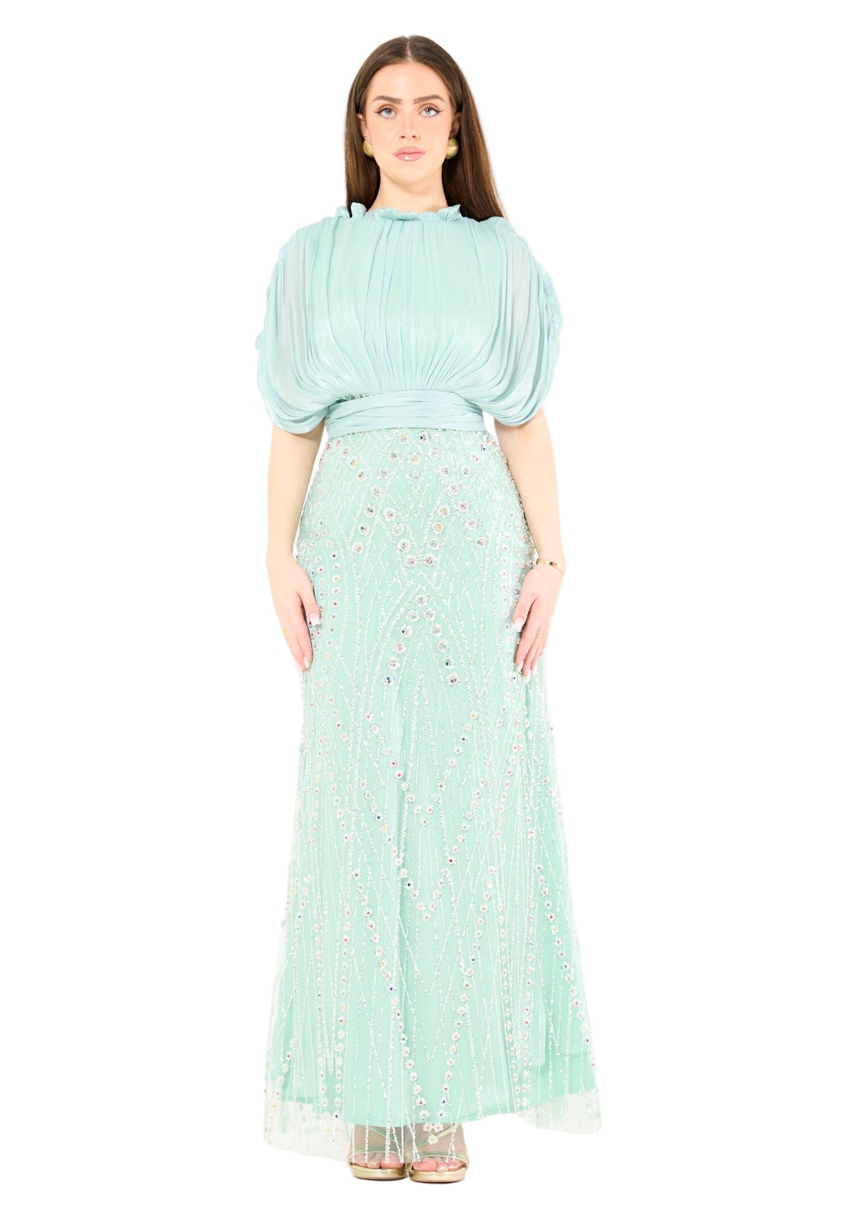 Embellished Blouson Gown with Dramatic Drape