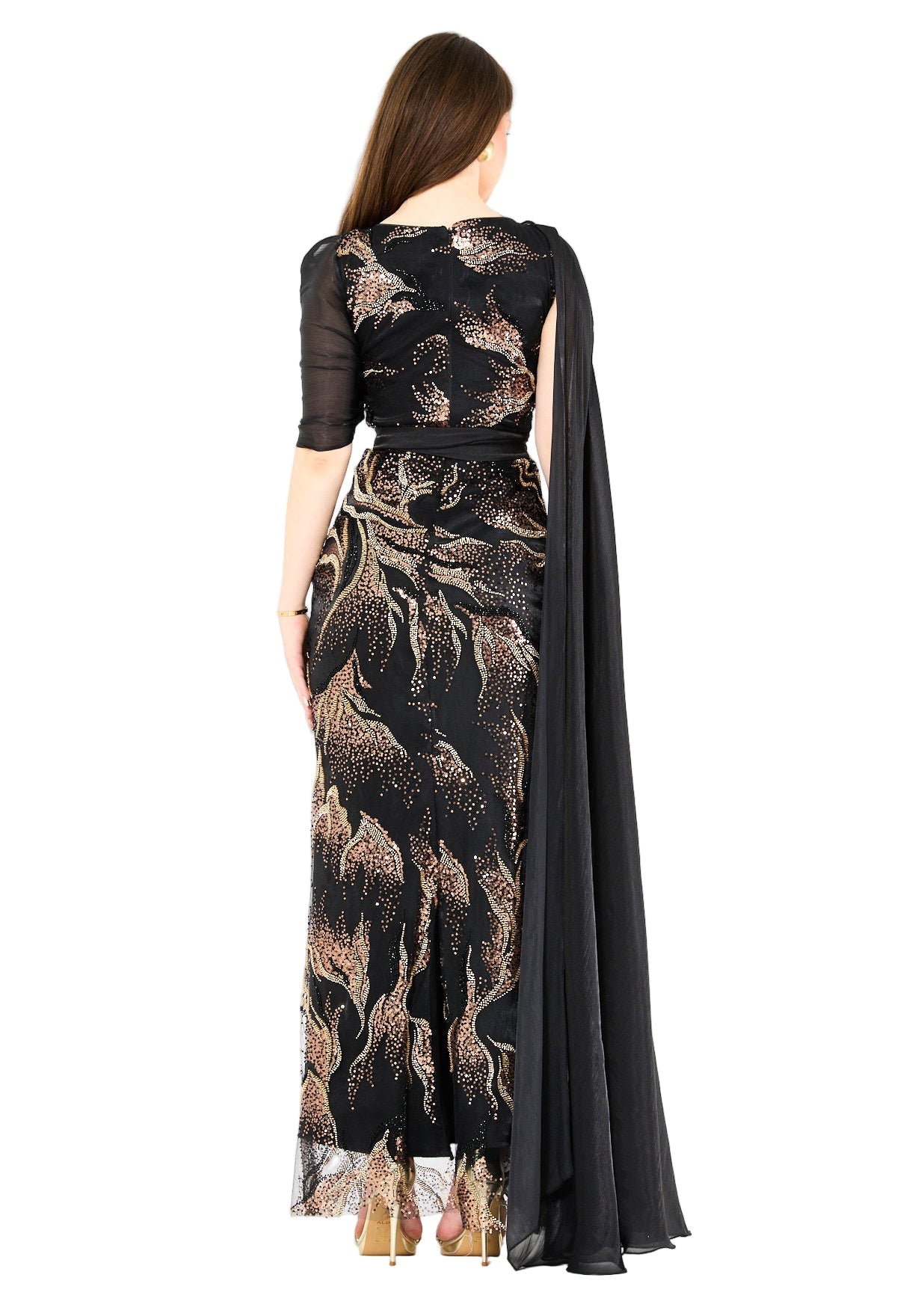 Ornate Gown with Draped Cape