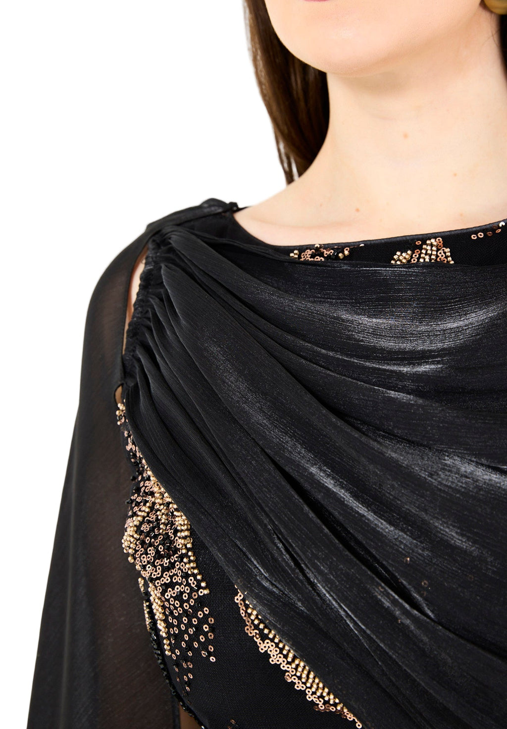 Ornate Gown with Draped Cape