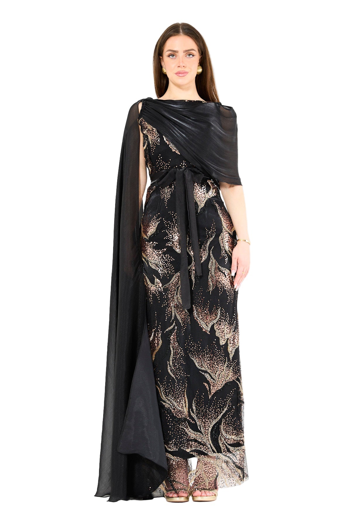 Ornate Gown with Draped Cape