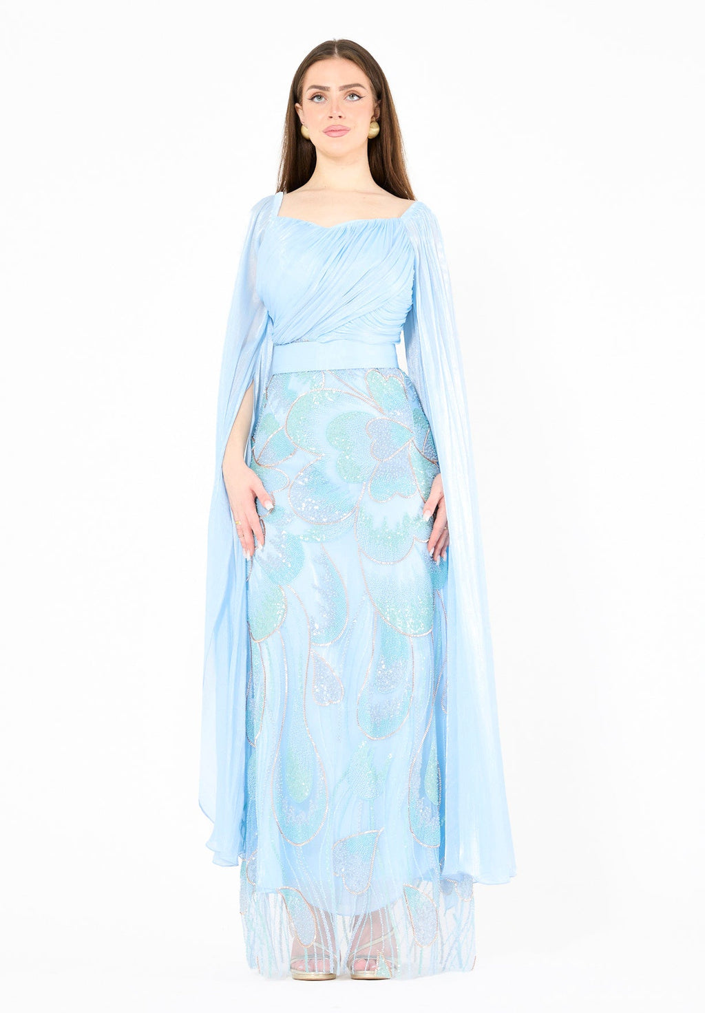 Draped Cape Gown with Iridescent Embellishments