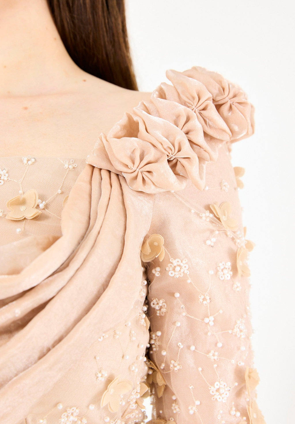 Floral 3D Embellished Gown with Draped Cascading Cape