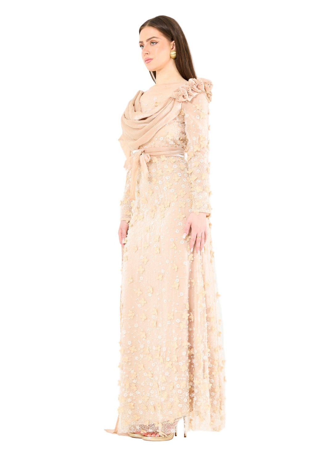 Floral 3D Embellished Gown with Draped Cascading Cape
